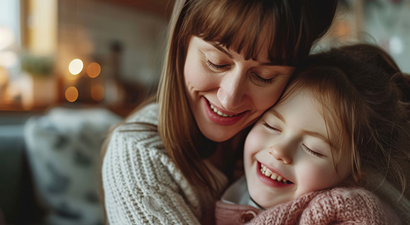 Foster mum hugging smiling girl