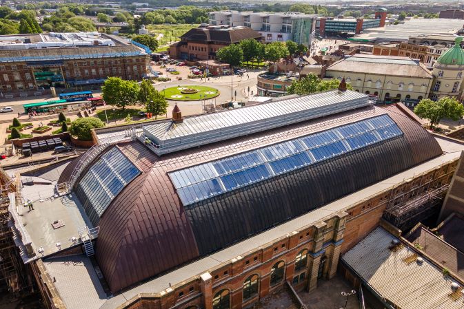 Derby Market Hall roof restoration works from the air