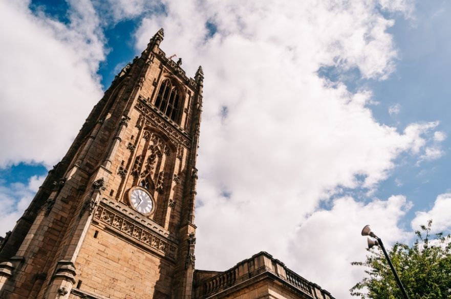 Derby Cathedral tower from below