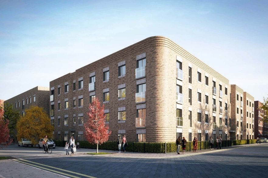 Artists impression of a large brick residential building on the corner of a paved, tree-lined street.