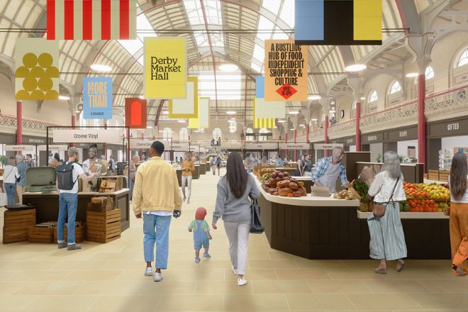 A modern rendering of the new market hall, showcasing its architectural design and vibrant atmosphere.