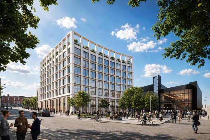 An artists impression of a modern eight story office building with large public square in front.