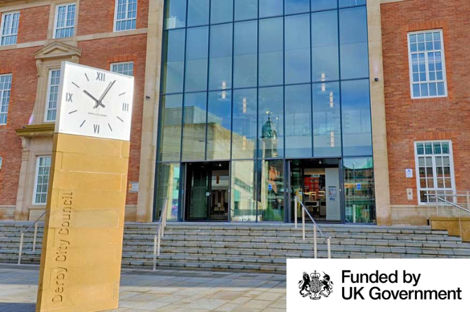 the front of the council house in derby. funded by uk government logo in the bottom right hand corner