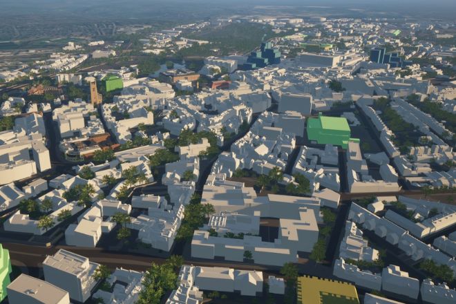 computer generated image of Derby city centre with models of various buildings.