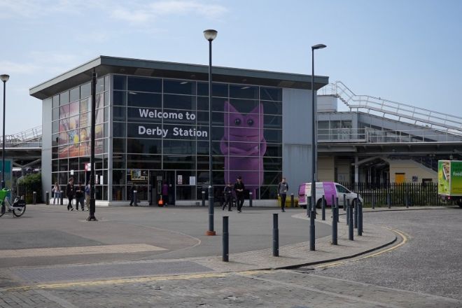 Glass fronted entrance to Derby Railway Station