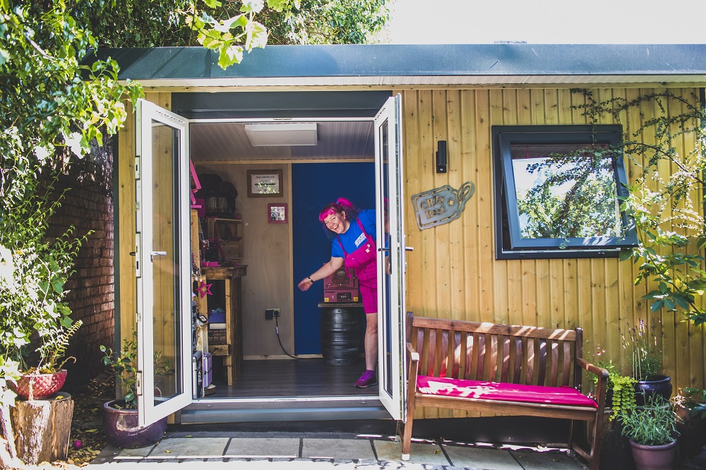 Business owner Claire Zwozny Bestwick outside her garden shed office