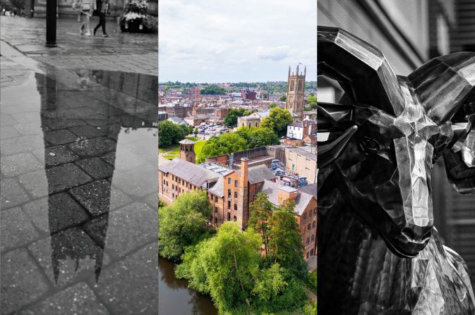 Collage of three images. One is of Derby Cathedral reflected in a puddle, one is an aerial shot of the Silk Mill, and one is of a statue of a ram.