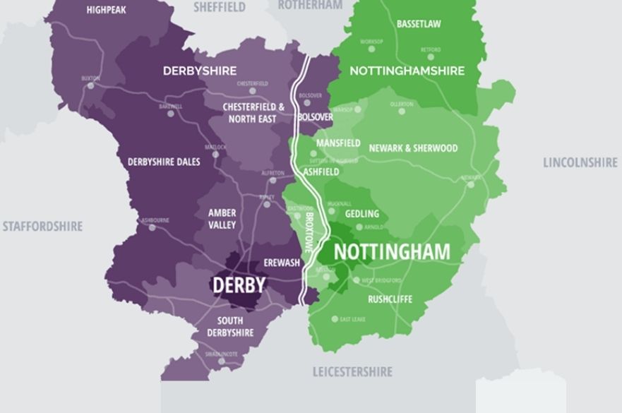 map showing derbyshire and nottinghamshire