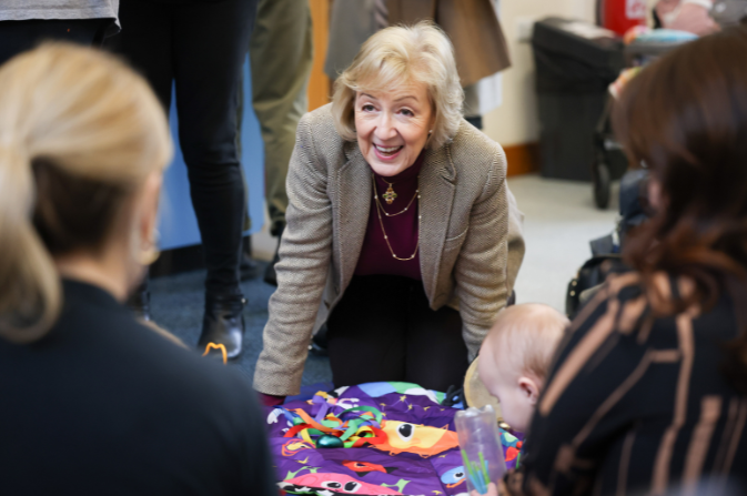 Government Minister Andrea Leadsom chats to parents at a Derby Family Hub
