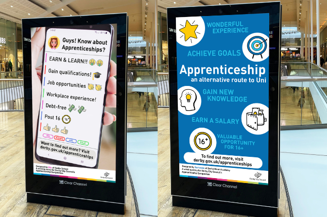two electronic boards in the derbion with apprenticeship competition winners art on
