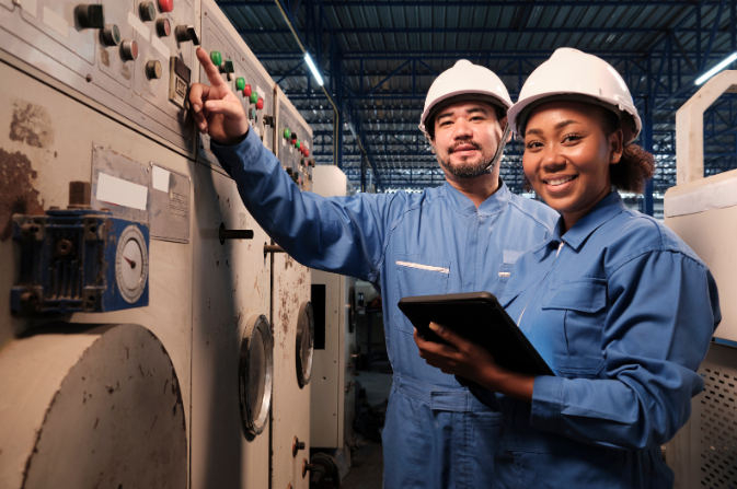 Two people stand in a room full of machinery
