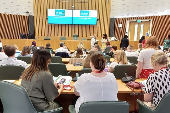 Delegates gathered in the Council Chamber for the launch of the RE syllabus