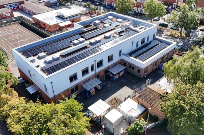 An aerial shot of a new school building