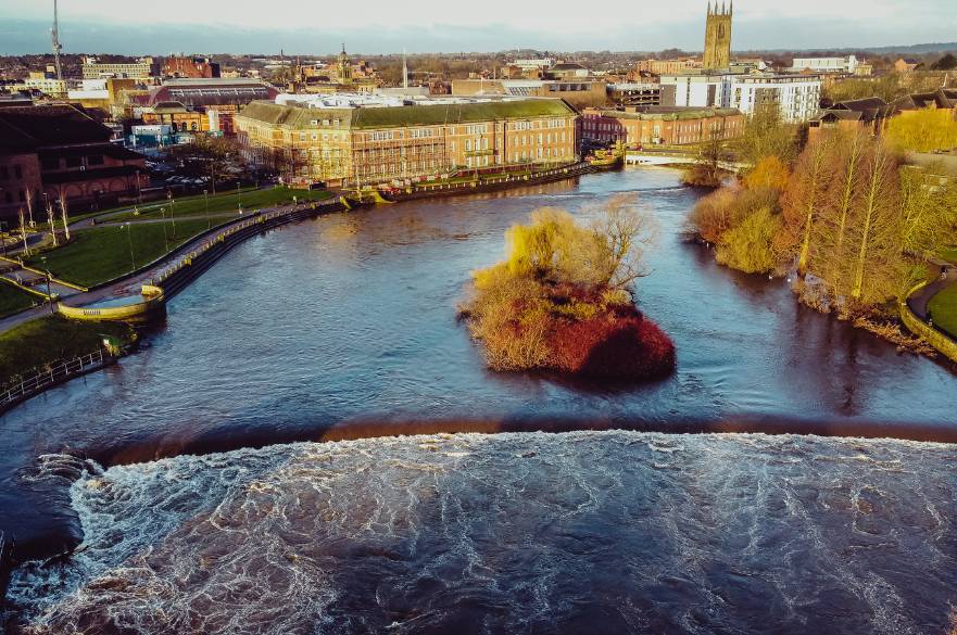 Aerial view of high water levels in River Derwent near the Council House.