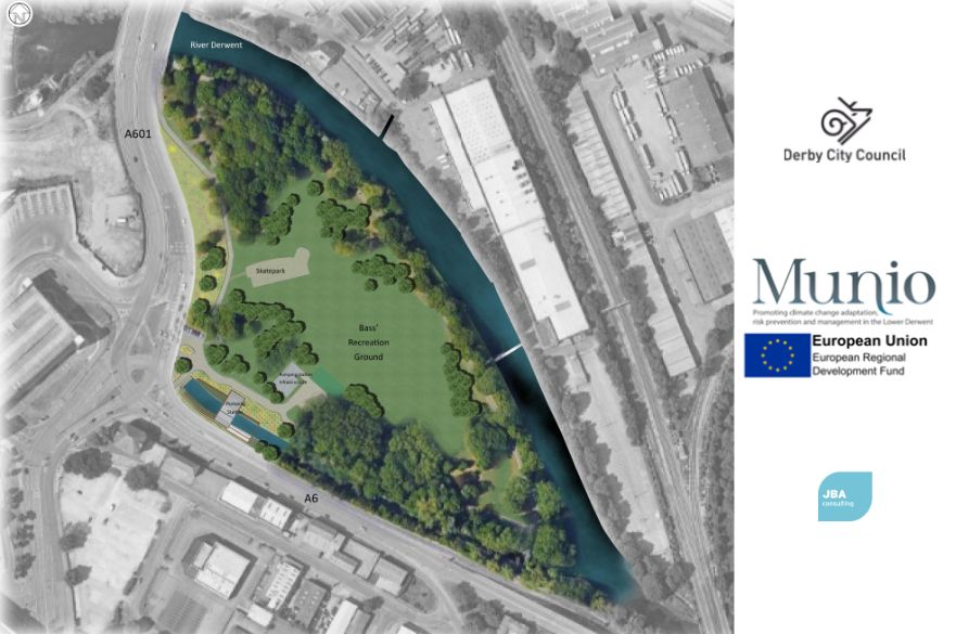 Aerial view of Bass's Recreation Ground with new pumping station site marked out. Logos of Derby City Council, European Union Regional Development Fund, and JBA Consulting.