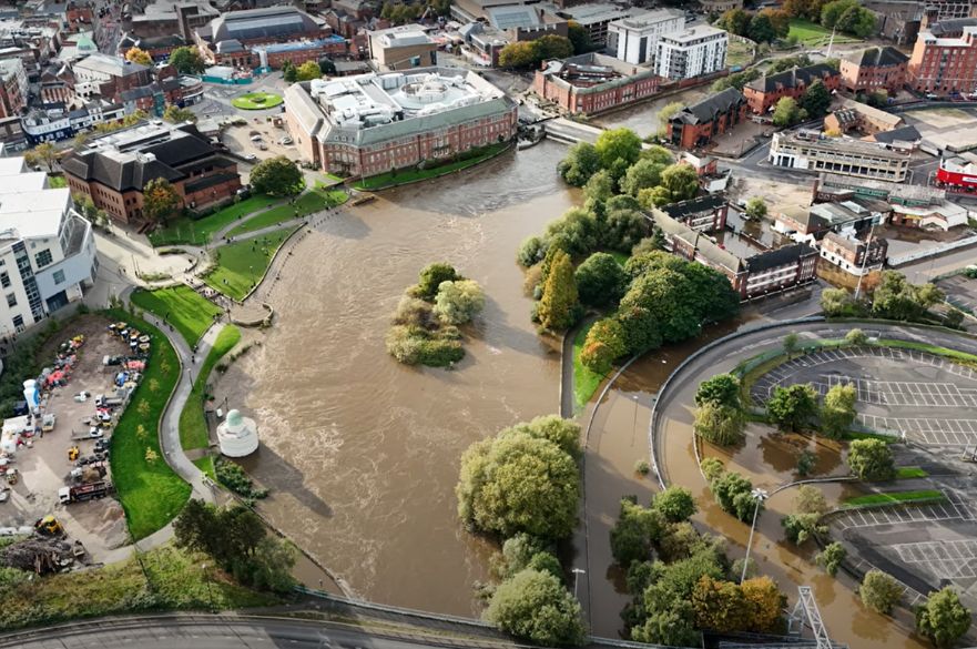 Aerial view of Derby during Storm Babet flooding