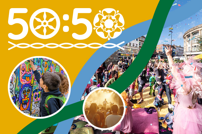 A collage if images featuring cultural activity with the text 50:50