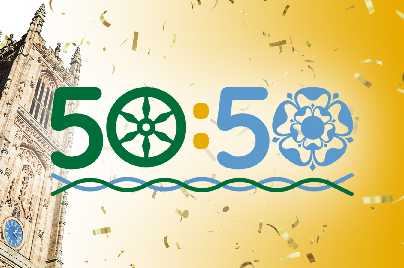 The 50:50 logo against the backdrop of Derby Cathedral