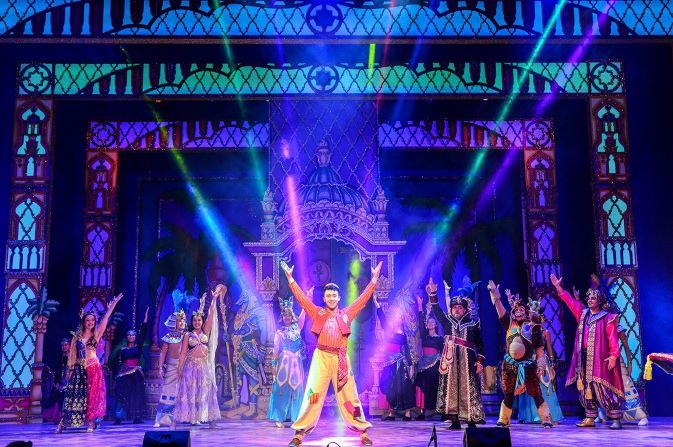 The cast of Aladdin, the 2022 panto at Derby Arena, on stage. Credit: Robert Day