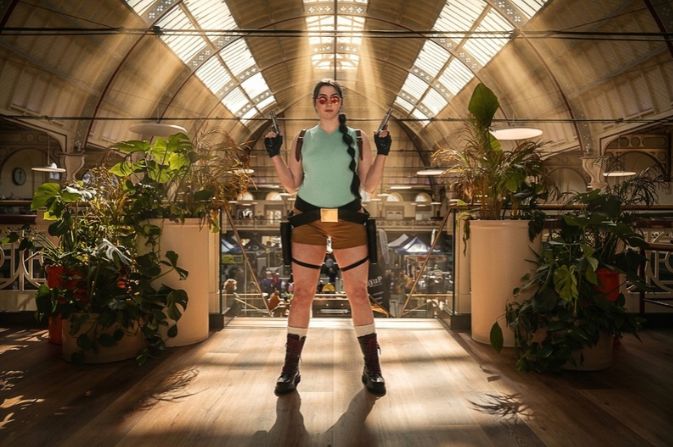 A computer generated image of gaming character Lara Croft inside Derby Market Hall