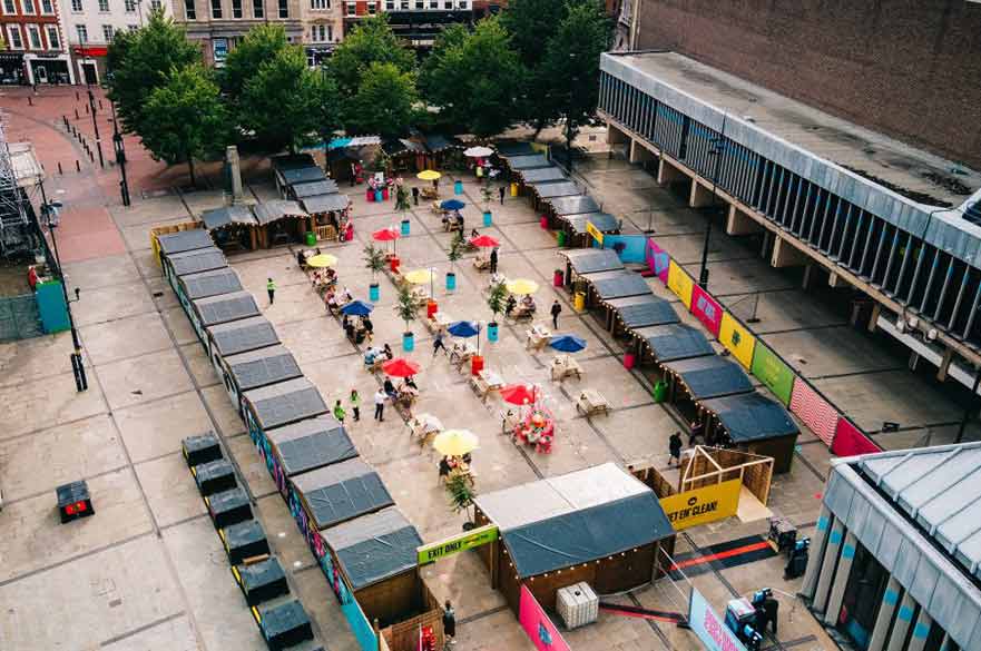 Aerial view of Derby Marketplace outdoor dining