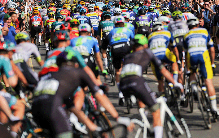 A large group of cyclists riding in unison down a scenic road, showcasing teamwork and enthusiasm for cycling.
