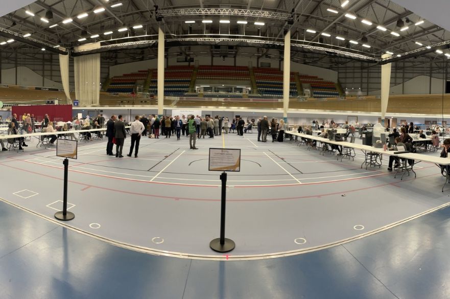 Panoramic shot of election count at Derby Arena.