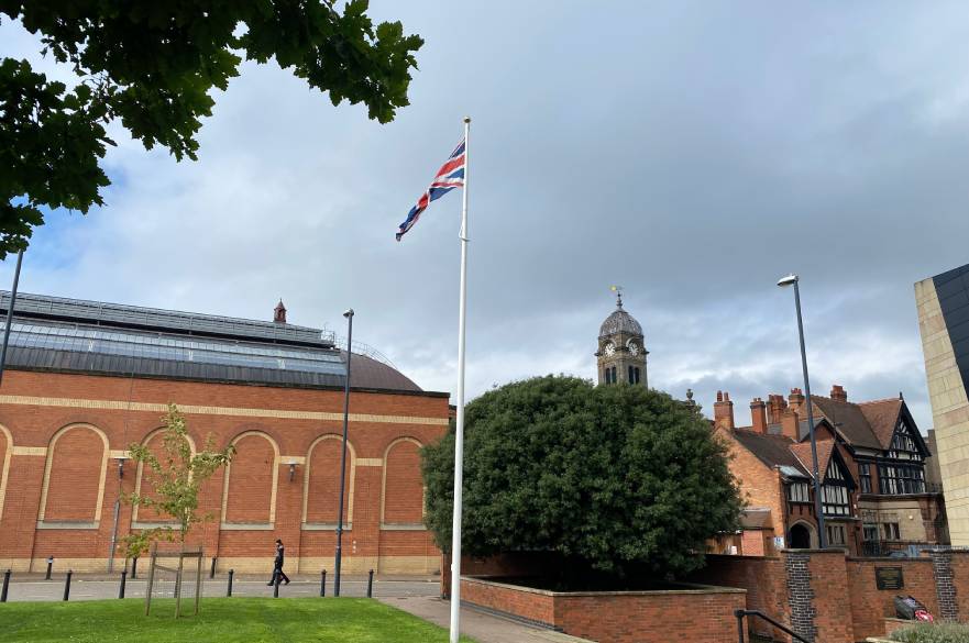 Flag flying at full mast at Sir Peter Hilton Gardens for proclamation to mark accession of King Charles III