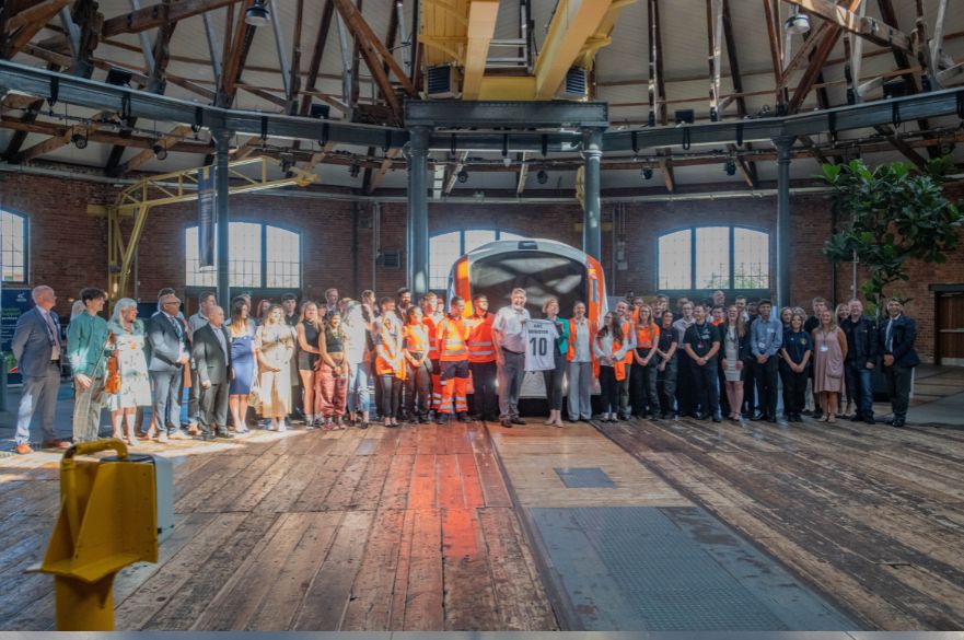 Group shot of Rail Minister Wendy Morton MP with Cllr Chris Poulter, young rail professionals, and key stakeholders from the region.