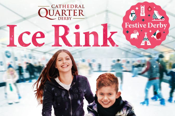 Image of a teenage girl and younger boy enjoying skating on the ice rink with the Festive Derby and Cathedral Quarter logos