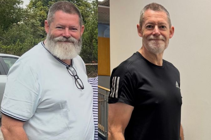 Before and after photos of Springwood Leisure Centre member looking slimmer and fitter on the second photo