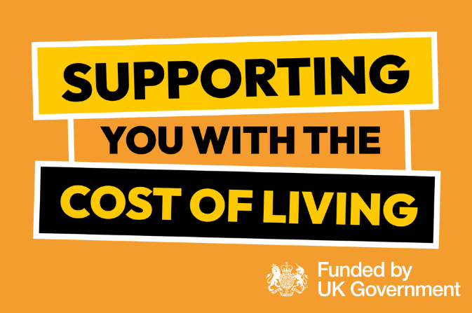 Cost of living logo. Funded by UK government is in white text underneath the logo