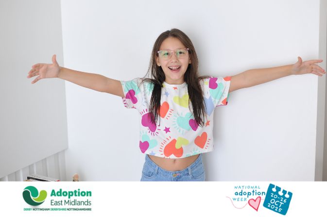 Girl in heart top with National Adoption Week 2025 logos