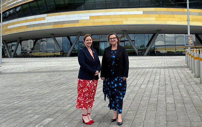 Mayor Claire Ward and Councillor Nadine Peatfield, Leader of Derby City outside Derby Arena