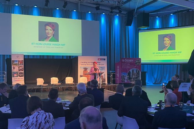 Louise Haigh MP speaking at Derby Rail Campus event.