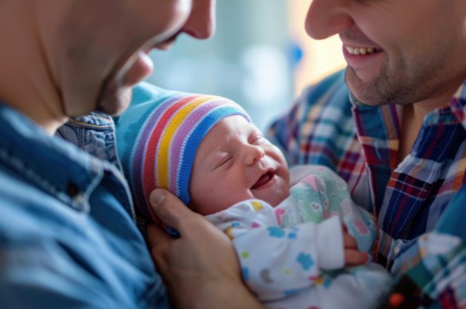 Two males holding a child in a rainbow hat.
