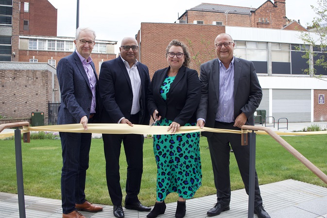 Launch of public square near Condor apartments. L-r: David Williams, Cllr Baggy Shanker, Cllr Nadine Peatfield and Paul Morris, Director, St James Securities