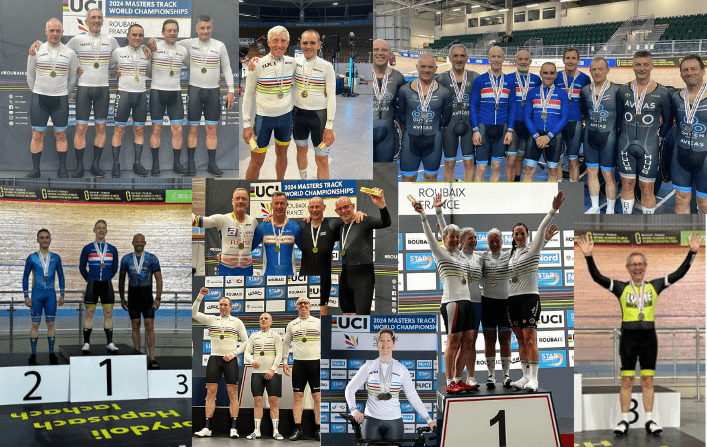 Collage of track cyclists with medals