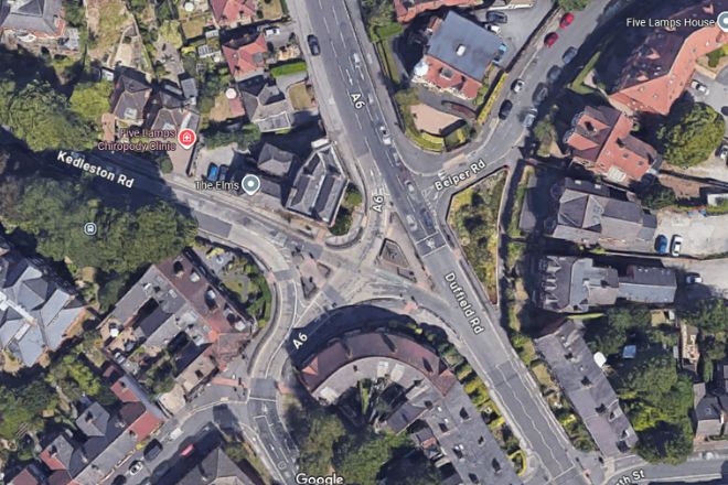 Aerial view of a complex road junction.