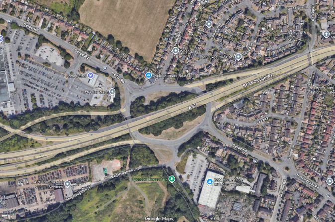 aerial view of Spondon Island roundabout and the surrounding area.