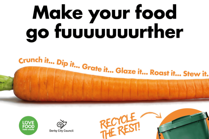 Elongated carrot lying on its side with Food Waste Action week captions