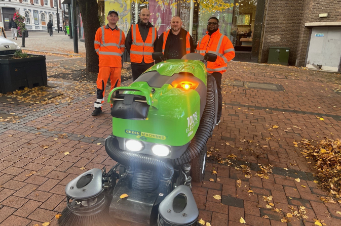 Derby City Council’s new Green Machine 400ze electric sweeper in action, keeping the city centre clean and green.