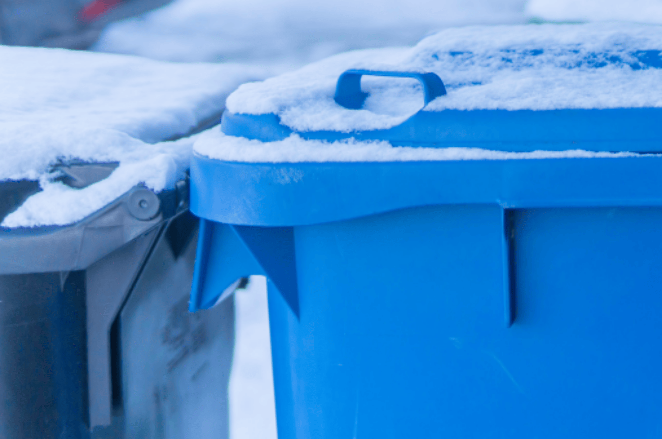 The image shows part of a black bin and a blue bin, both covered in snow.