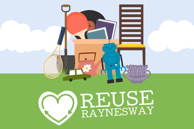 The illustration shows the Reuse Raynesway logo alongside various items that are usually donated, such as chairs, toys, gardening tools, records and books.